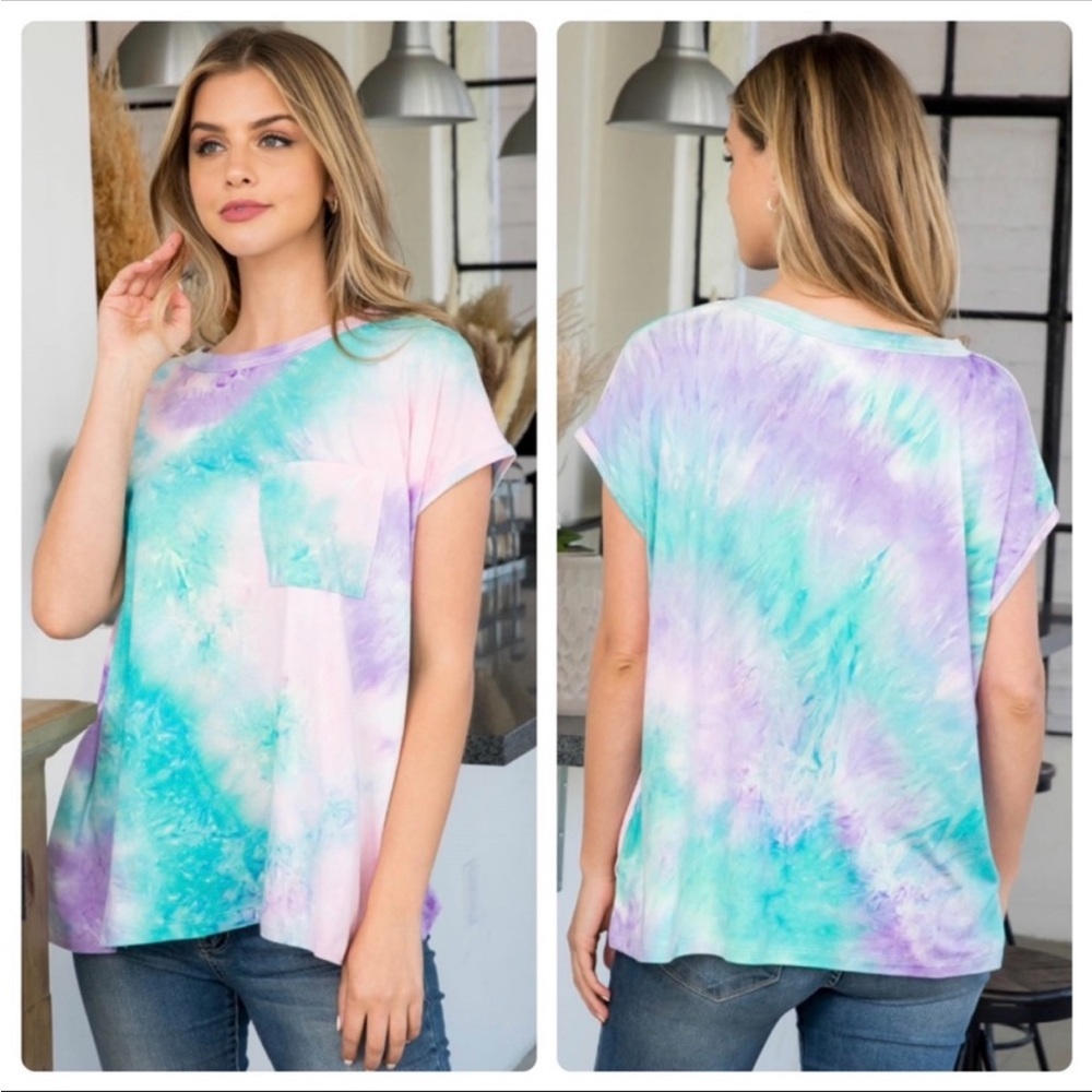 Oversized Tie Dye Split Hem Pocketed Tee, Purple and Aqua